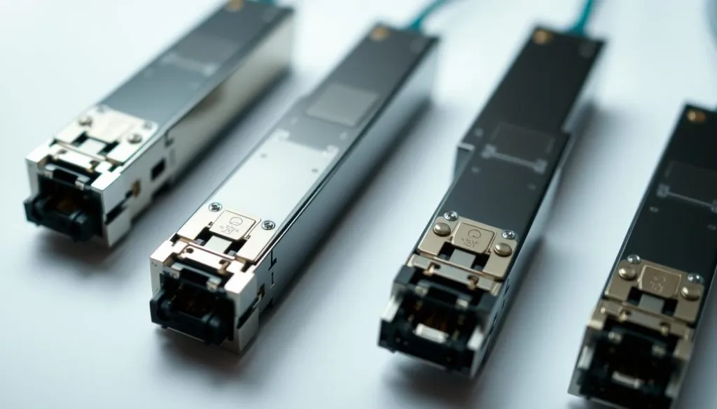 A crisp, close-up view of several high-tech optical transceivers, showcasing their intricate design and components. The transceivers are positioned against a clean, minimalist backdrop, allowing their sleek, metallic housings and precision-engineered interfaces to take center stage. Subtle ambient lighting highlights the transceivers' internal structures, conveying a sense of advanced technology and connectivity. The image captures the transceivers from a slightly elevated angle, emphasizing their compact, modular nature and the nuanced details that enable high-speed data transmission in modern network infrastructure.