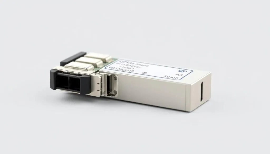 A high-quality, close-up view of a QSFP transceiver module against a neutral background. The device should be shown in a well-lit, slightly angled position to highlight its form factor and key technical details. The transceiver should be rendered with a clean, precise look, showcasing its compact size, numerous ports, and sleek, industrial design. The overall mood should be informative and technical, conveying the specialized nature of this networking component.
