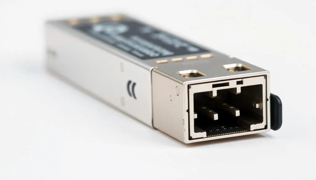 A highly detailed, macro-level photograph of a silver-colored SFP (Small Form-factor Pluggable) transceiver module, shot against a plain white background with crisp lighting and perfect focus. The SFP module is shown from the front, revealing its metallic housing, intricate port connectors, and delicate circuit board components. The image captures the technical nature and precise engineering of this essential network connectivity hardware, showcasing its compact size, robust construction, and industrial design.