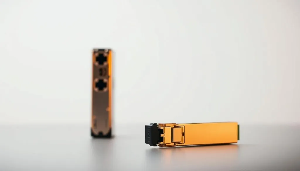 A technical still life showcasing two types of network transceivers - SFP and QSFP. The SFP transceiver is displayed in the foreground, its small form factor and compact design highlighted by warm lighting and a clean, minimalist backdrop. In the middle ground, the QSFP transceiver stands taller and more substantial, its multiple ports and larger size contrasting with the SFP. The background features a soft, gradient blur, drawing the viewer's focus to the intricate details of the two transceivers. The overall composition conveys a sense of precision and functionality, suitable for illustrating the key differences between these networking components.