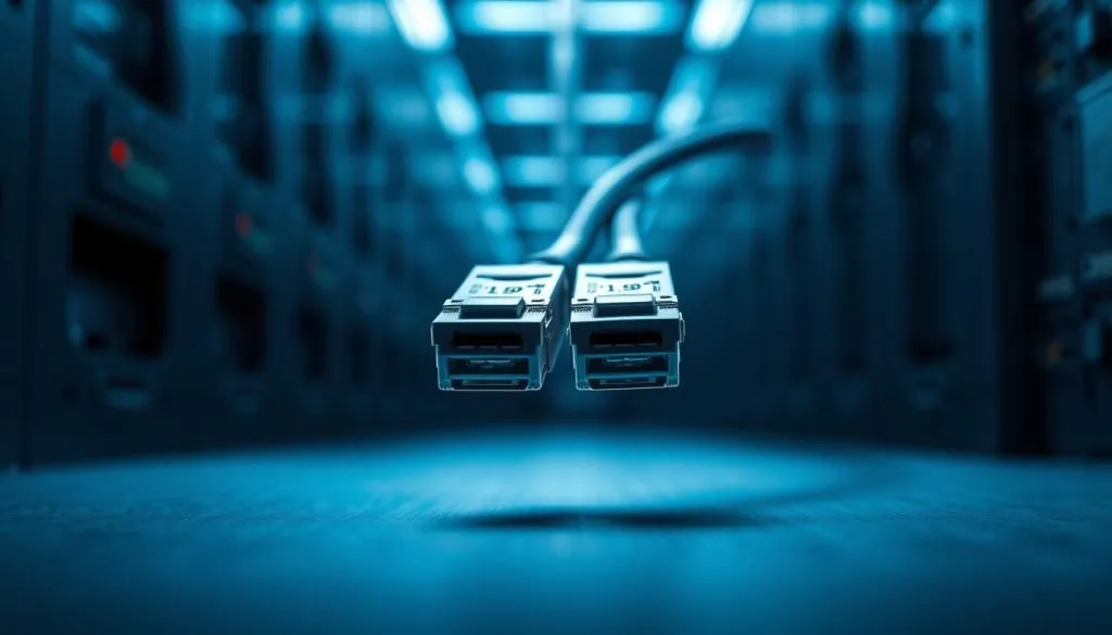 Highly detailed, technical illustration showcasing the speed and bandwidth capabilities of SFP and QSFP transceiver cables. Crisp, photorealistic rendering with precise labeling of key specifications and comparative metrics. Sleek, minimalist design with clean lines and a cool, futuristic color palette of blues, grays, and whites. Dramatic perspective view capturing the cables in sharp focus, with blurred background elements to draw the eye inward. Subtle reflections and shadows heighten the sense of depth and realism. Convey the power and performance of these networking components through an authoritative, engineering-focused aesthetic.