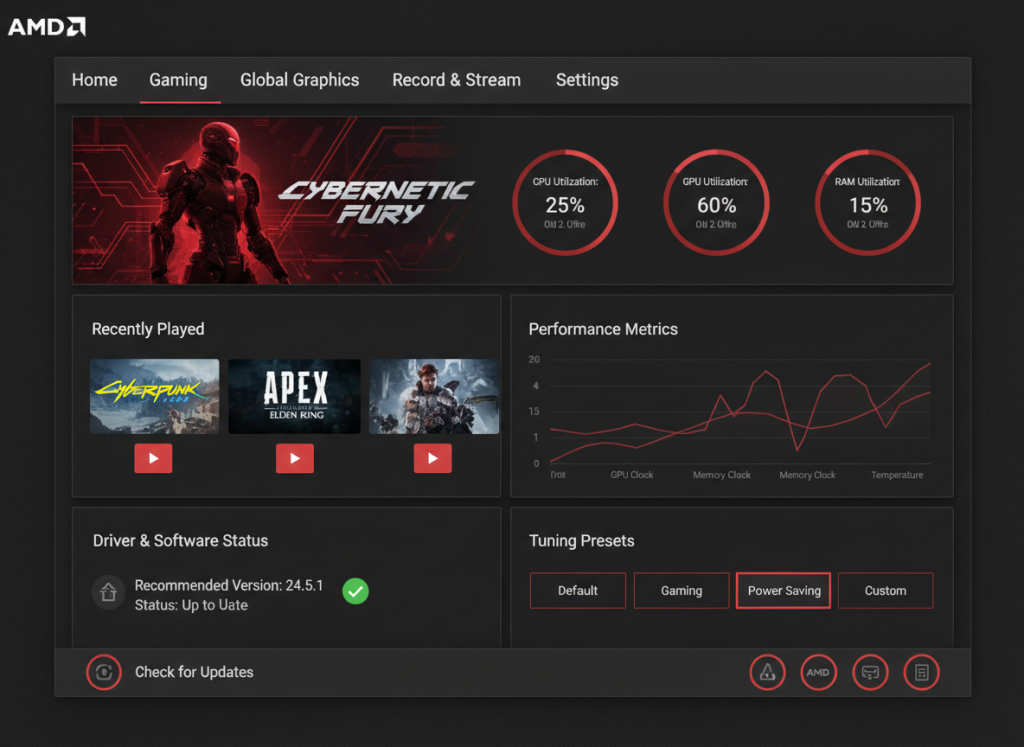 AMD Adrenalin software interface showing driver and settings for AMD GPUs AMD Adrenalin software interface showing driver and settings for AMD GPUs