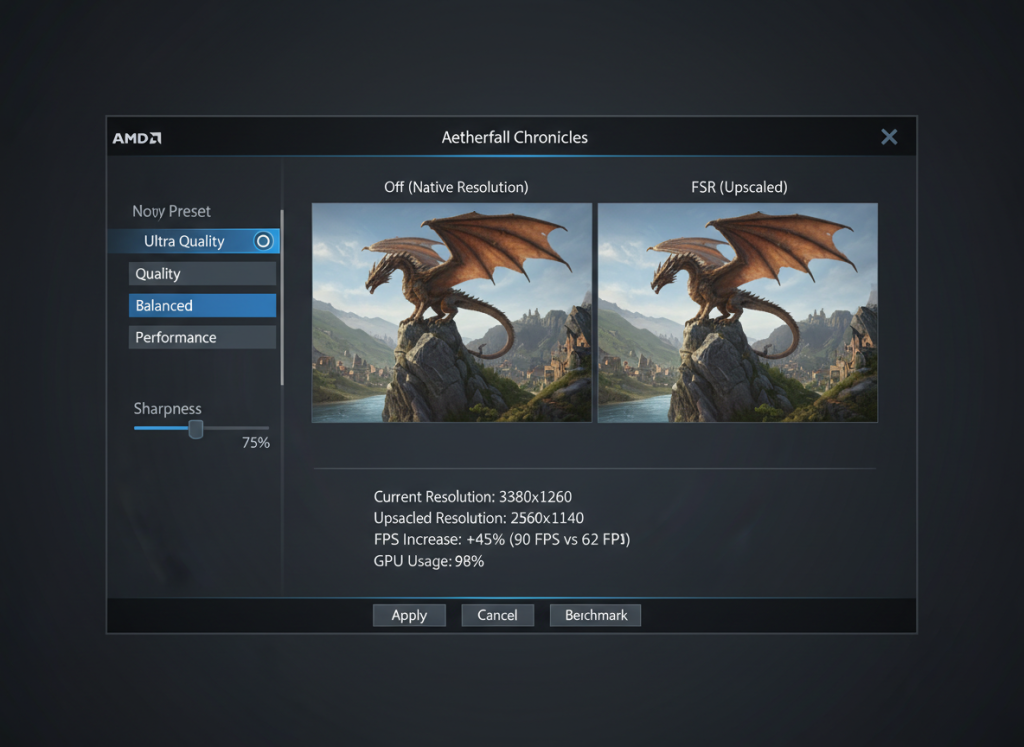 AMD FidelityFX Super Resolution interface showing upscaling technology for AMD GPUs AMD FidelityFX Super Resolution interface showing upscaling technology for AMD GPUs