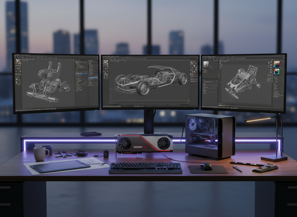 Professional workstation using AMD Radeon Pro GPUs for 3D rendering Professional workstation using AMD Radeon Pro GPUs for 3D rendering