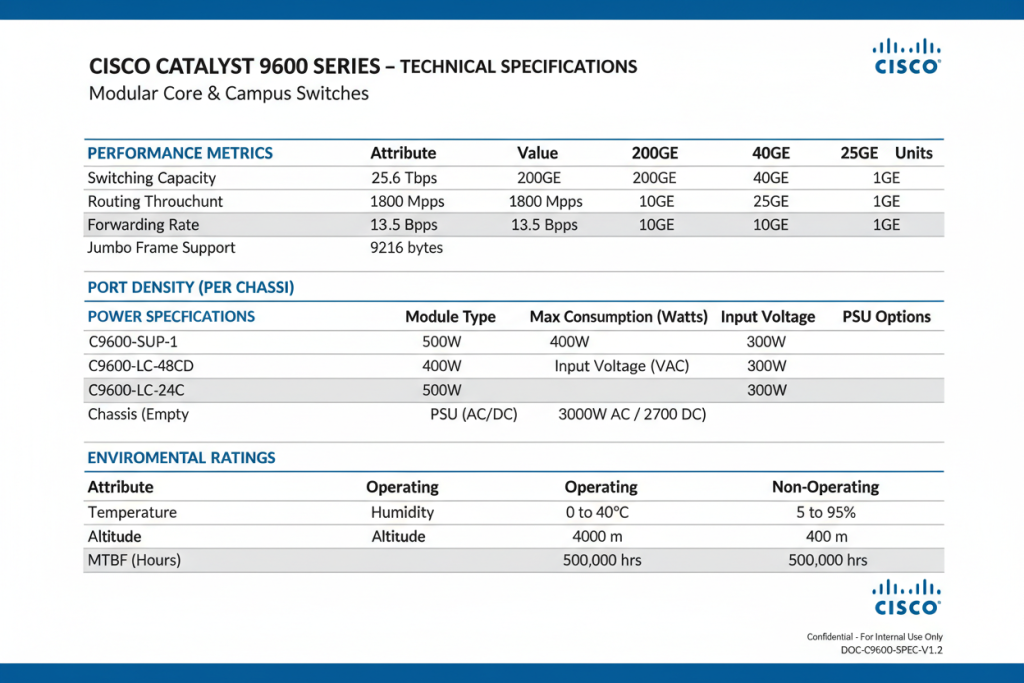 Cisco Catalyst 9600 technical specifications reference sheet