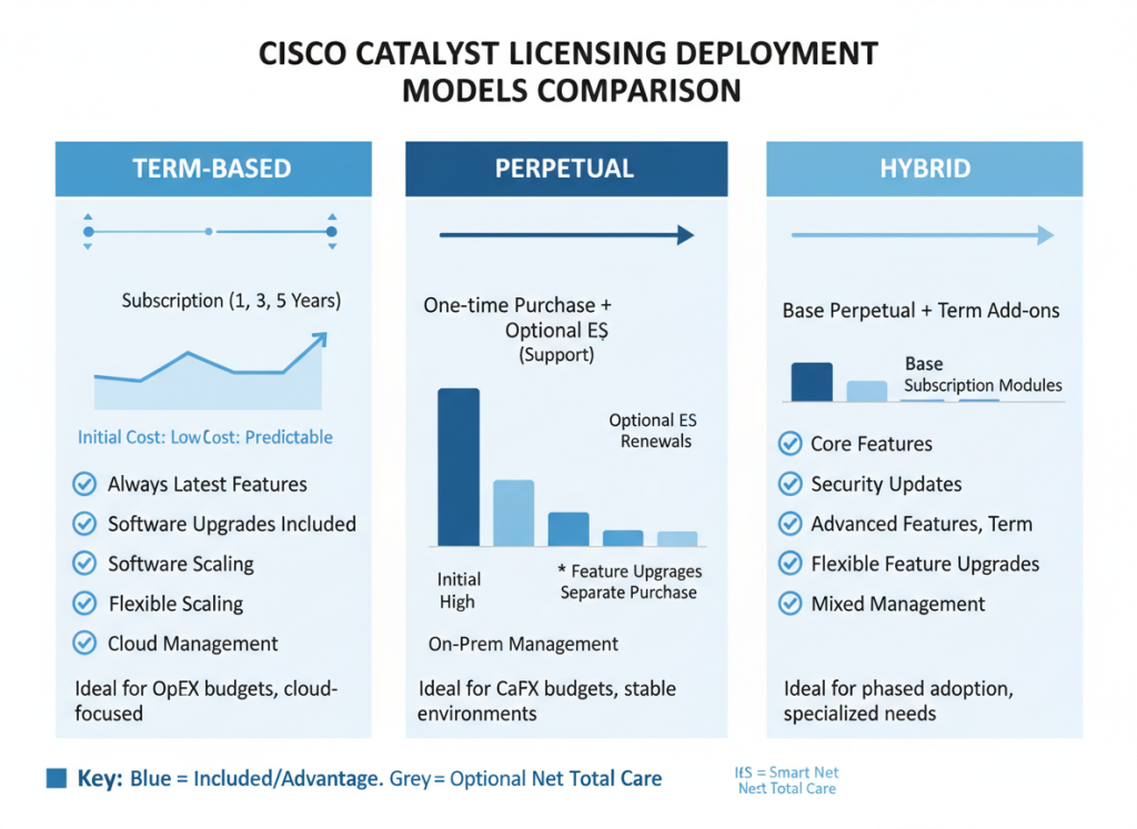 Cisco Catalyst licensing deployment models comparison chart