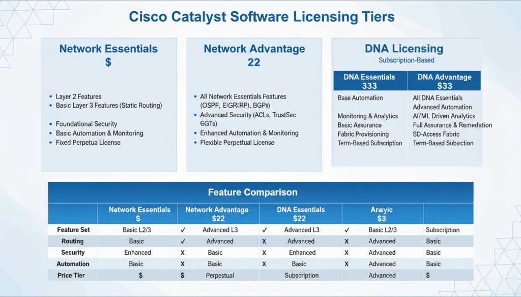 Cisco Catalyst software licensing tiers comparison infographic