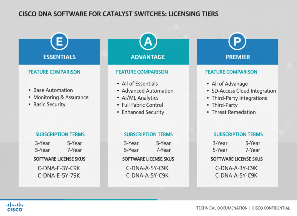 Cisco DNA licensing tiers and Catalyst software subscription options diagram