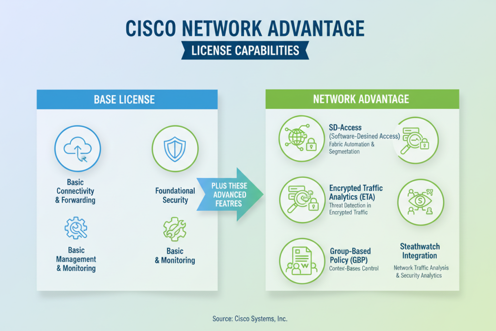 Cisco Network Advantage license features visualization