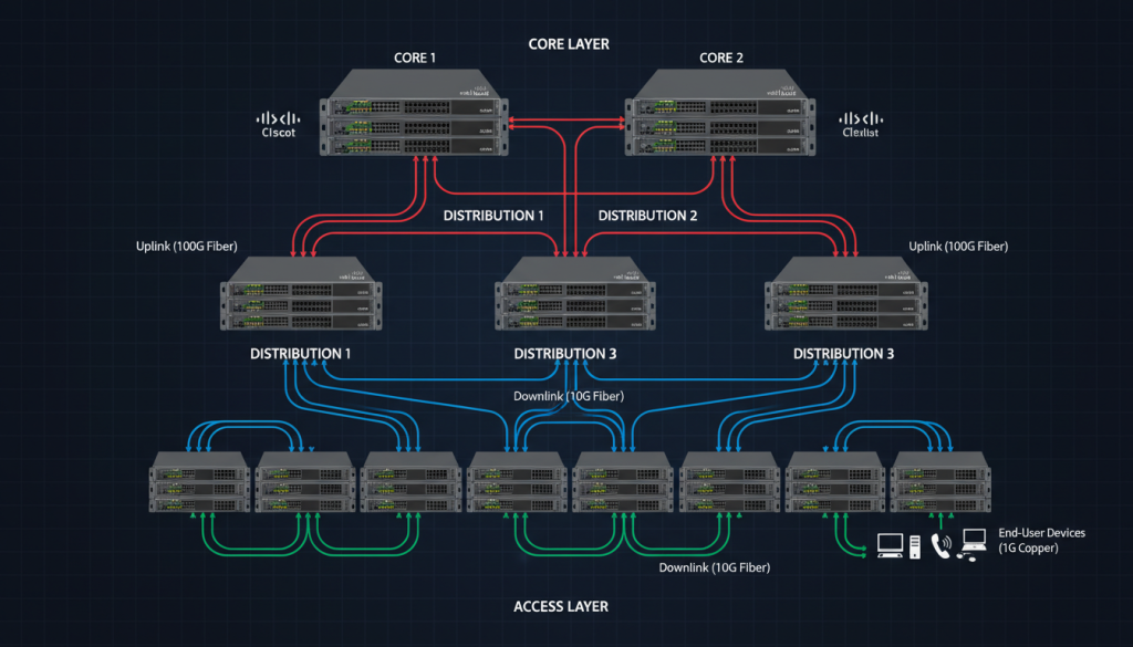 Network diagram showing Catalyst 9400 in distribution layer connecting core and access Network diagram showing Catalyst 9400 in distribution layer connecting core and access