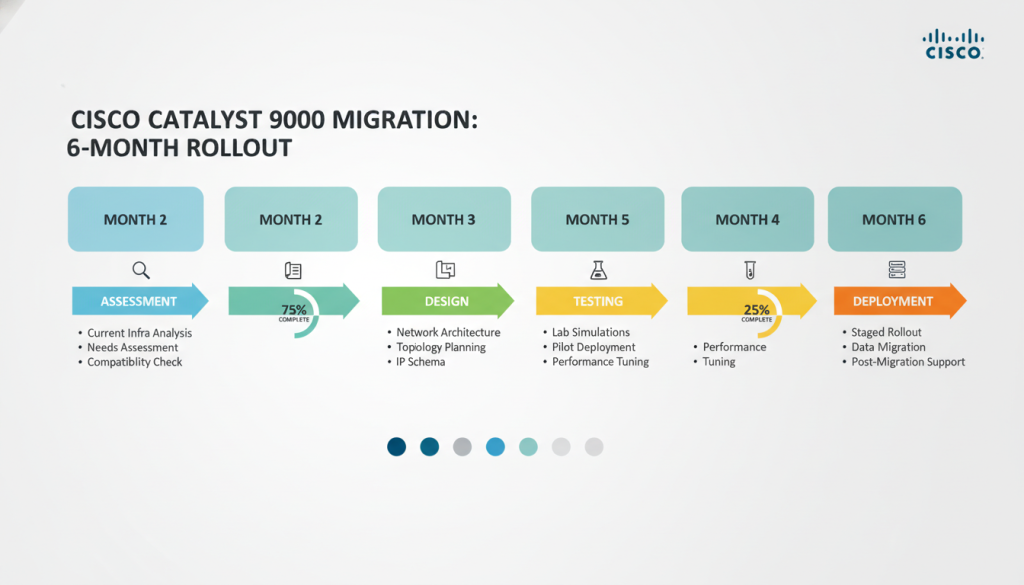 Network migration timeline showing phased Catalyst 9000 deployment Network migration timeline showing phased Catalyst 9000 deployment