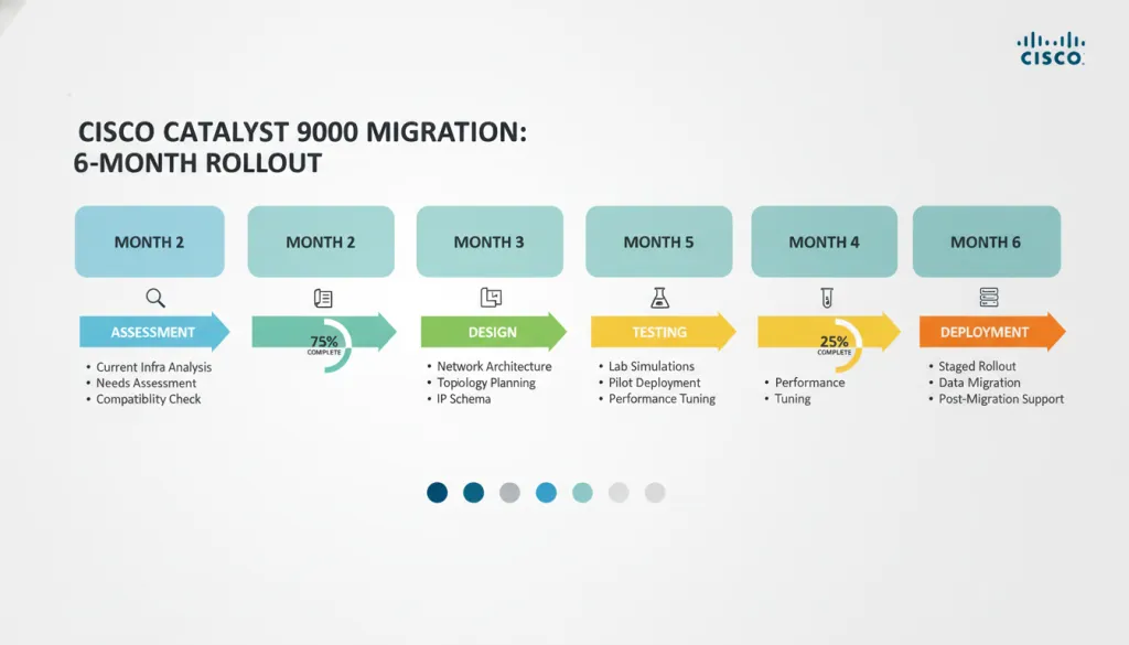 Network migration timeline showing phased Catalyst 9000 deployment Network migration timeline showing phased Catalyst 9000 deployment