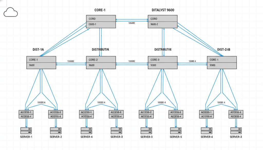 Network topology diagram showing Cisco Catalyst 9600 deployment in enterprise architecture