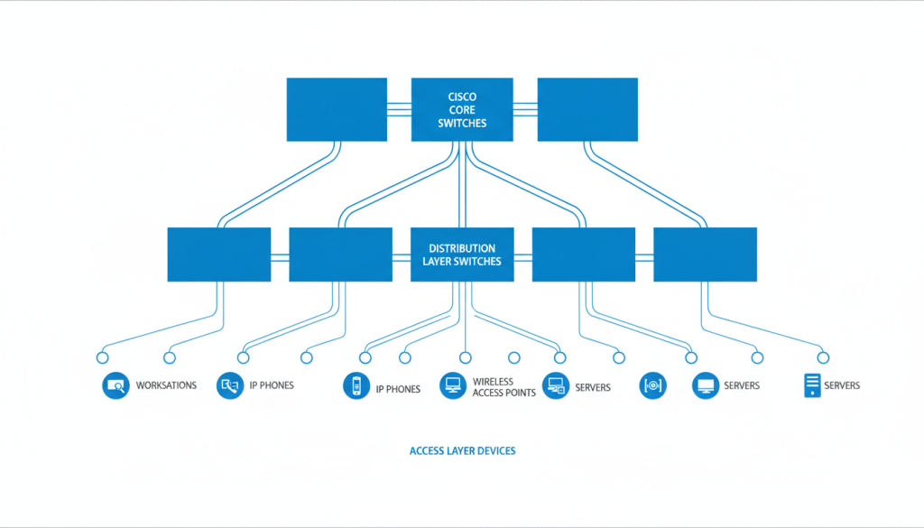 Network topology diagram showing Cisco core switches connecting access and distribution layers Network topology diagram showing Cisco core switches connecting access and distribution layers