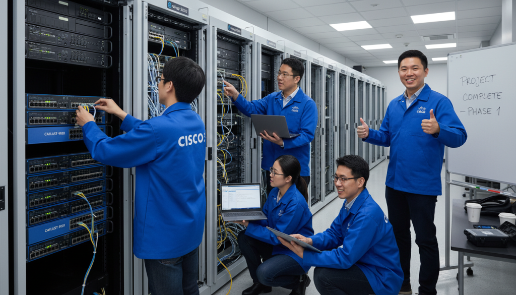 Professional IT team implementing Cisco network infrastructure Professional IT team implementing Cisco network infrastructure